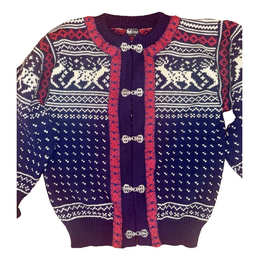 Vtg DALE of NORWAY Nordic SWEATER 100% Wool 1970s Sz 38 S Buckles CARDIGAN Cabin